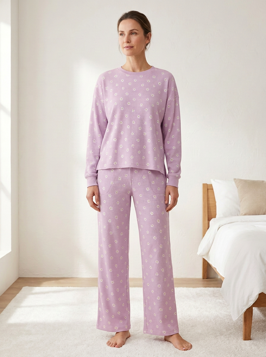 Women's Floral Waffle-Texture Patch-Pocket Wide-Leg Lounge Set