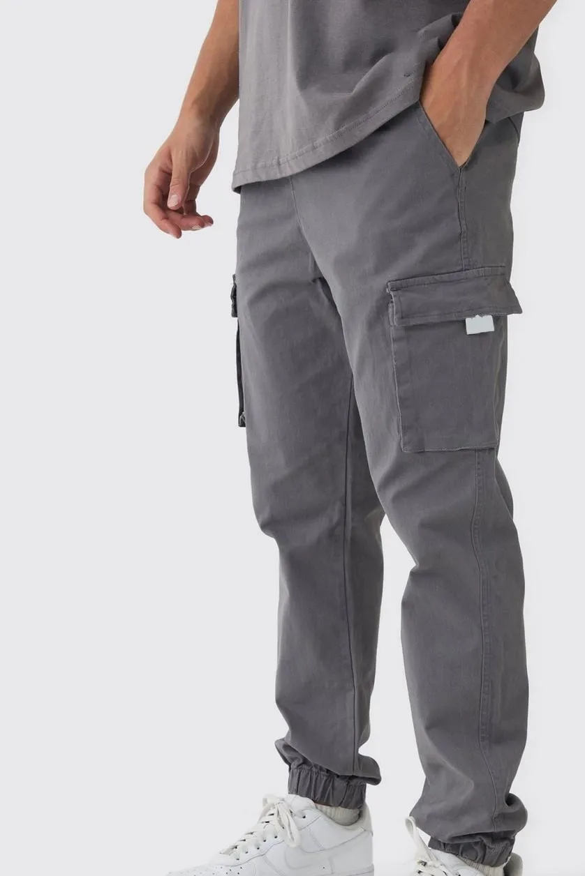 Plain Slim Fit Elasticated Waist Woven Tab Cuffed Cargo Charcoal Daily