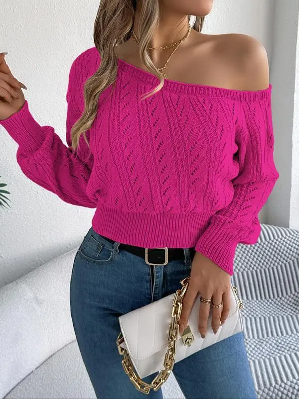 Women's Plain Textured Hollow Out Asymmetrical Neckline Longsleeves Sweater Knitwear, Elegant Casual Raglan Sleeve Long Sleeve Jumper for Fall & Winter, Fashion Ladies' Knitwear for Daily Wear, Women's Clothing, Go Out Tops, Trending Clothing Women
