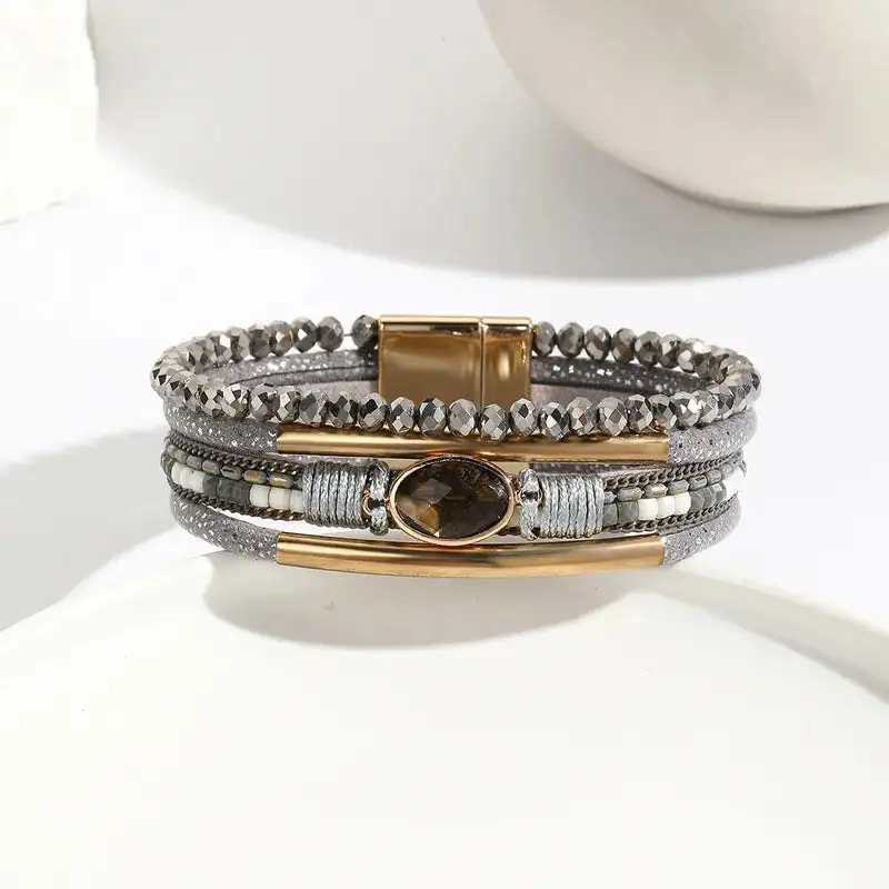 Layered Gem Leather Bracelet