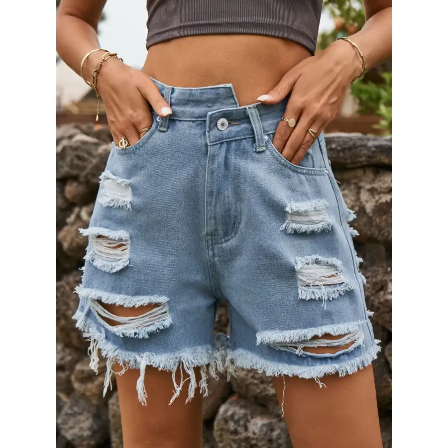 Relaxed Distressed Raw Hem Denim Shorts
