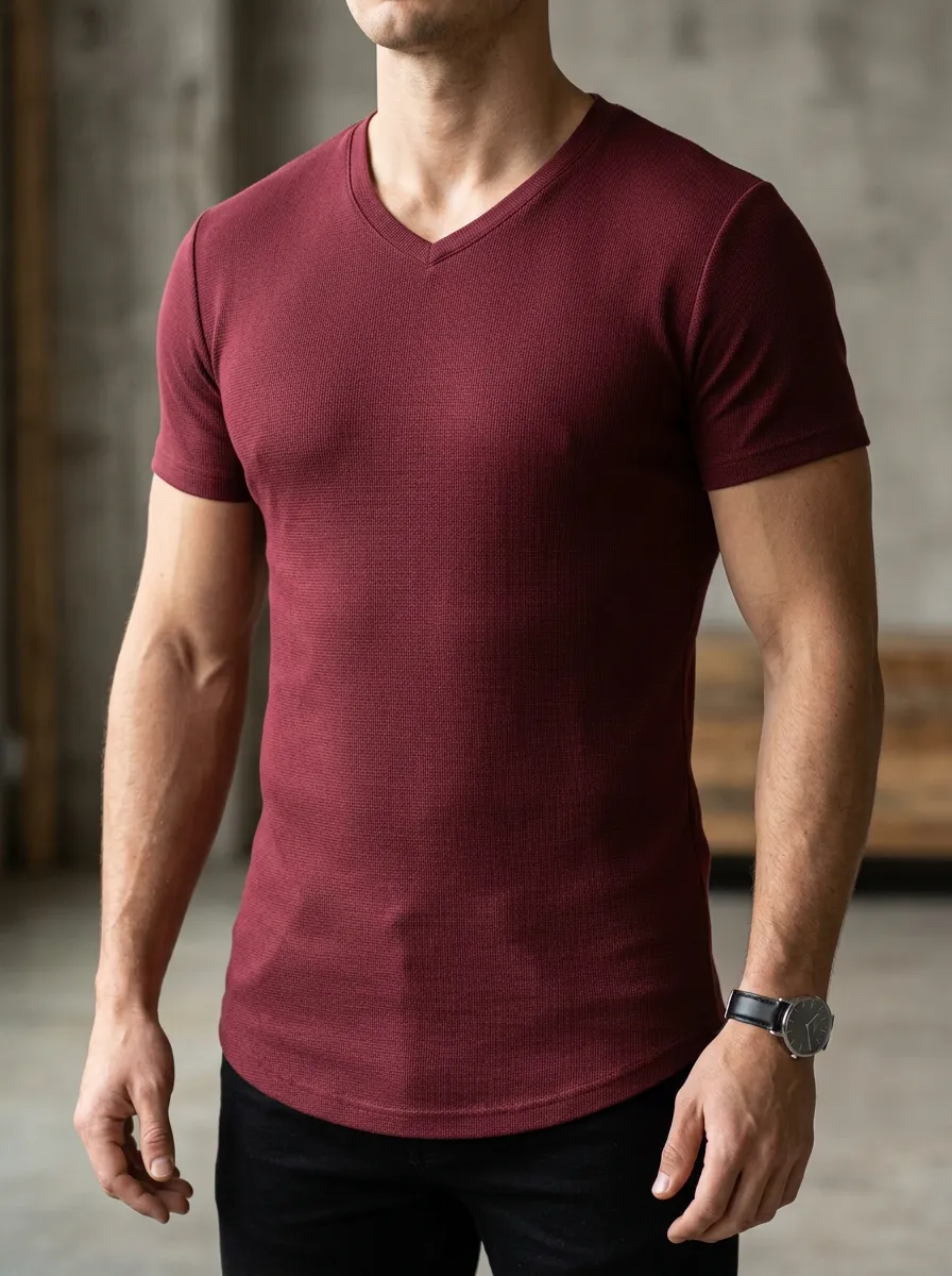 Classic Waffle Knit Textured Curved Hem Casual Look Men's Slim Fit Short Sleeve T-Shirt