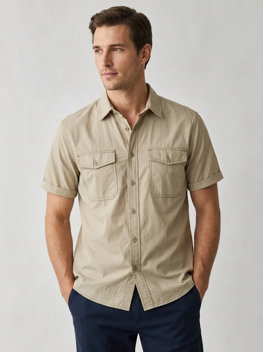 Men's Casual Outdoor Khaki Breathable Button-Down Shirt