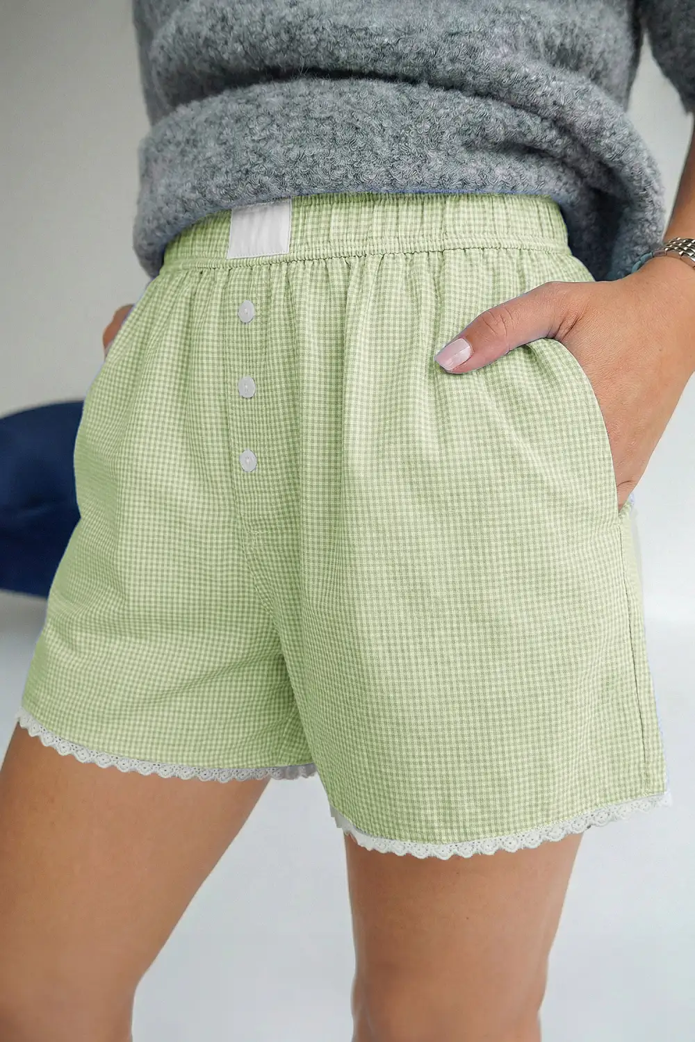 Lace Trim Gingham Plaid Boxer Shorts