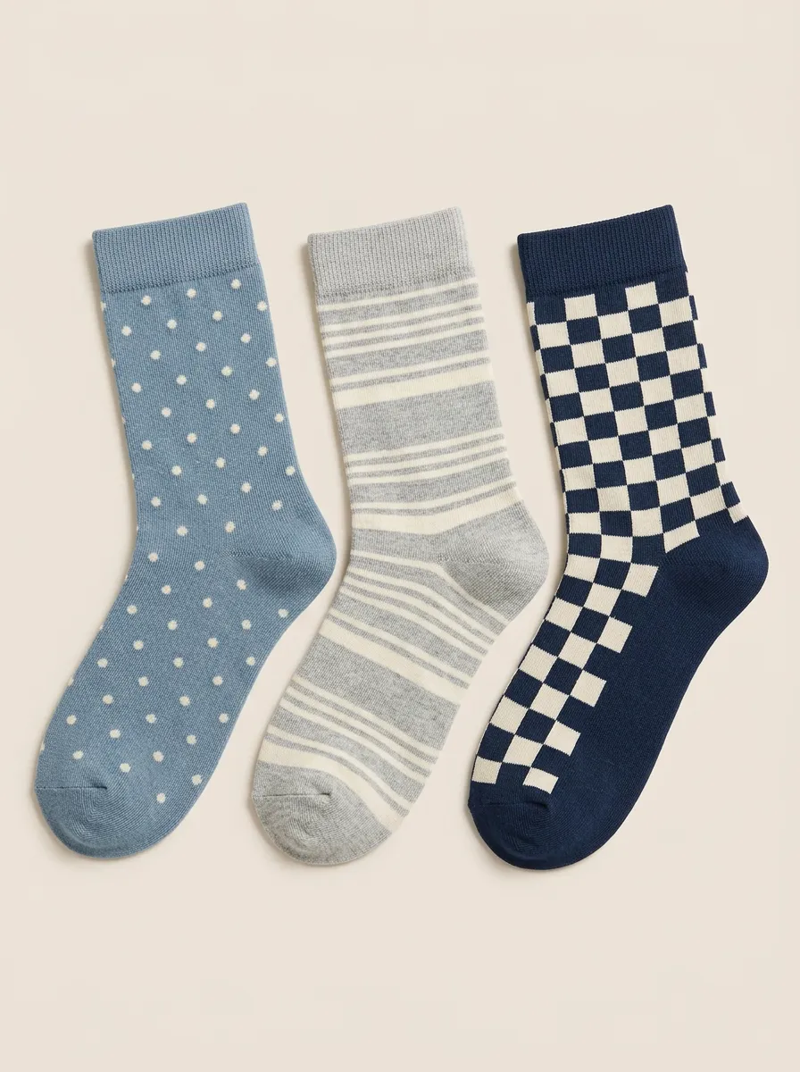 Cottage Polka Dot Striped Checkerboard Three Pair Sock Set
