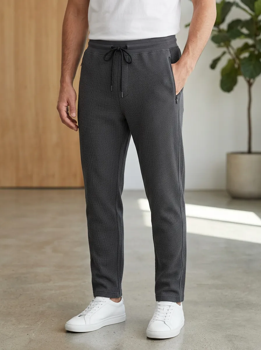Men's Waffle Knit Charcoal Drawstring Jogger Pants