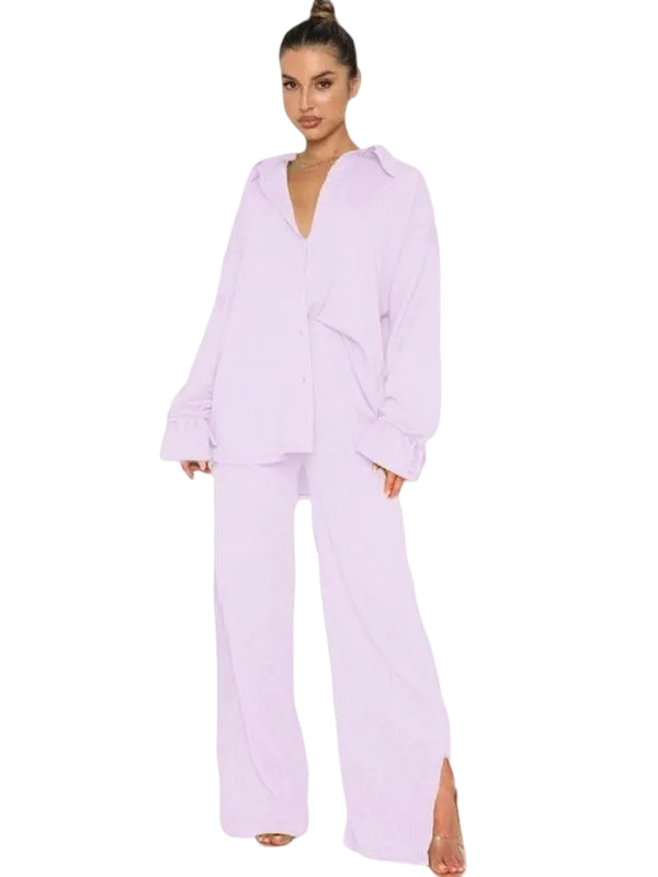Women's Button-Front Shirt & Split-Hem Pants Set - Flounce Sleeve Top & Wide-Leg Trousers