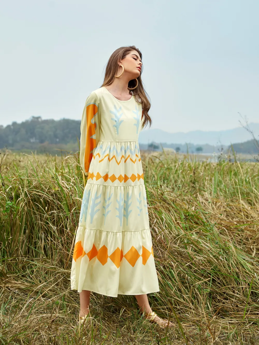 Geo Print Ruffle Hem Bishop Sleeve Dress