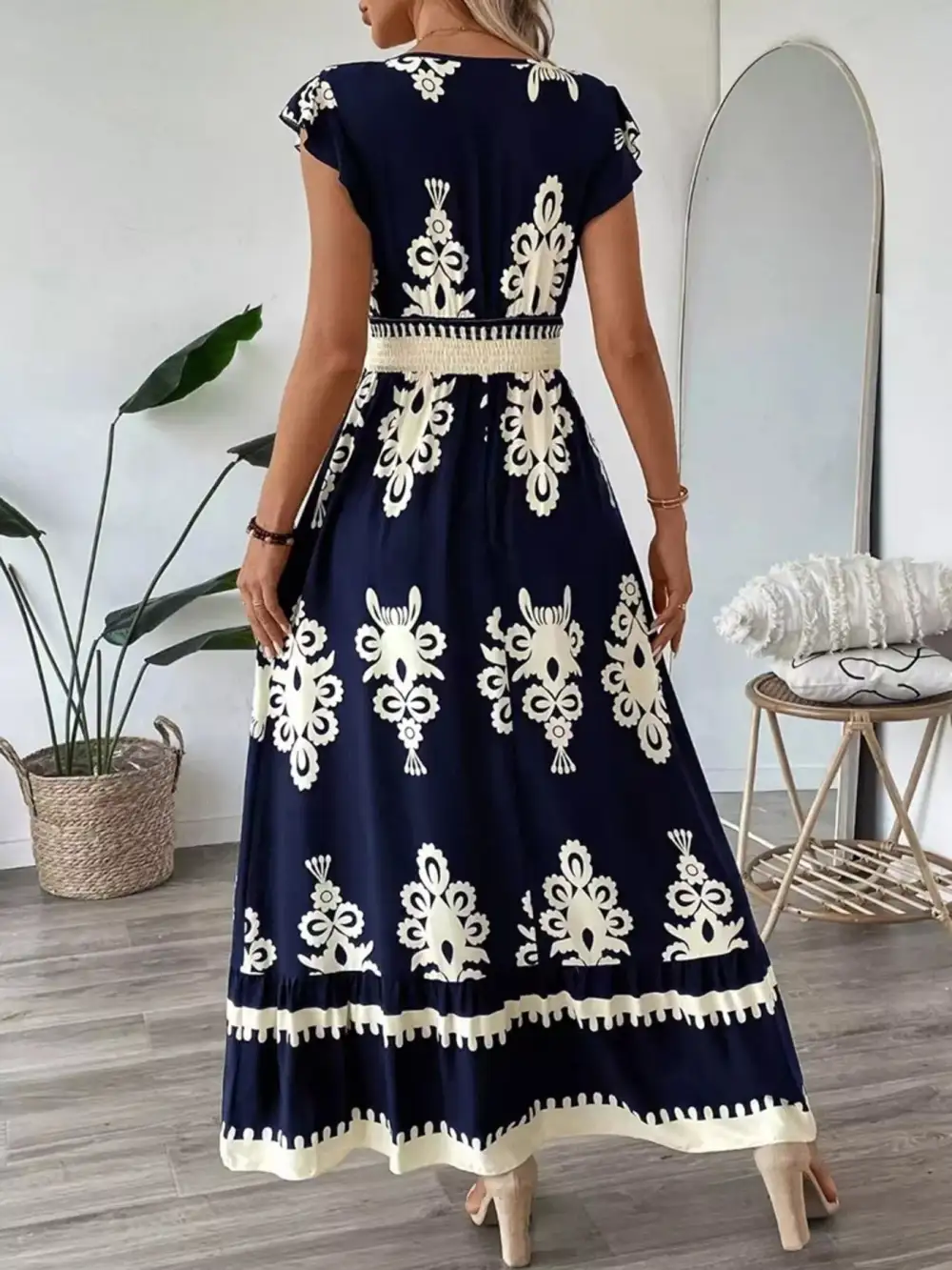 Ruffled Printed V-Neck Maxi Dress