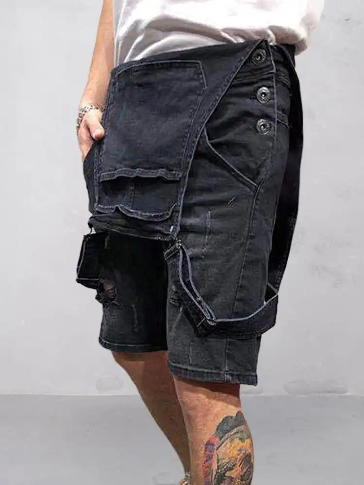 Men's Torn Denim Overalls Shorts