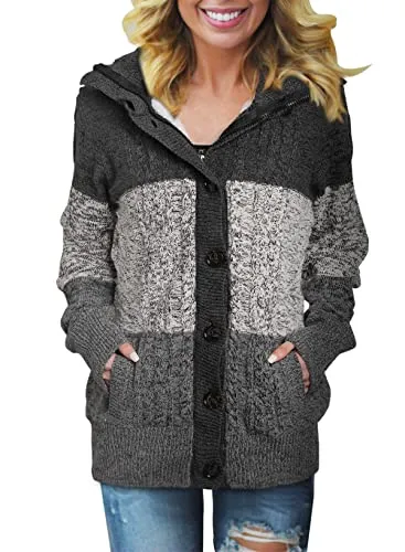Women Hooded Knit Cardigans Button Cable Sweater Coat