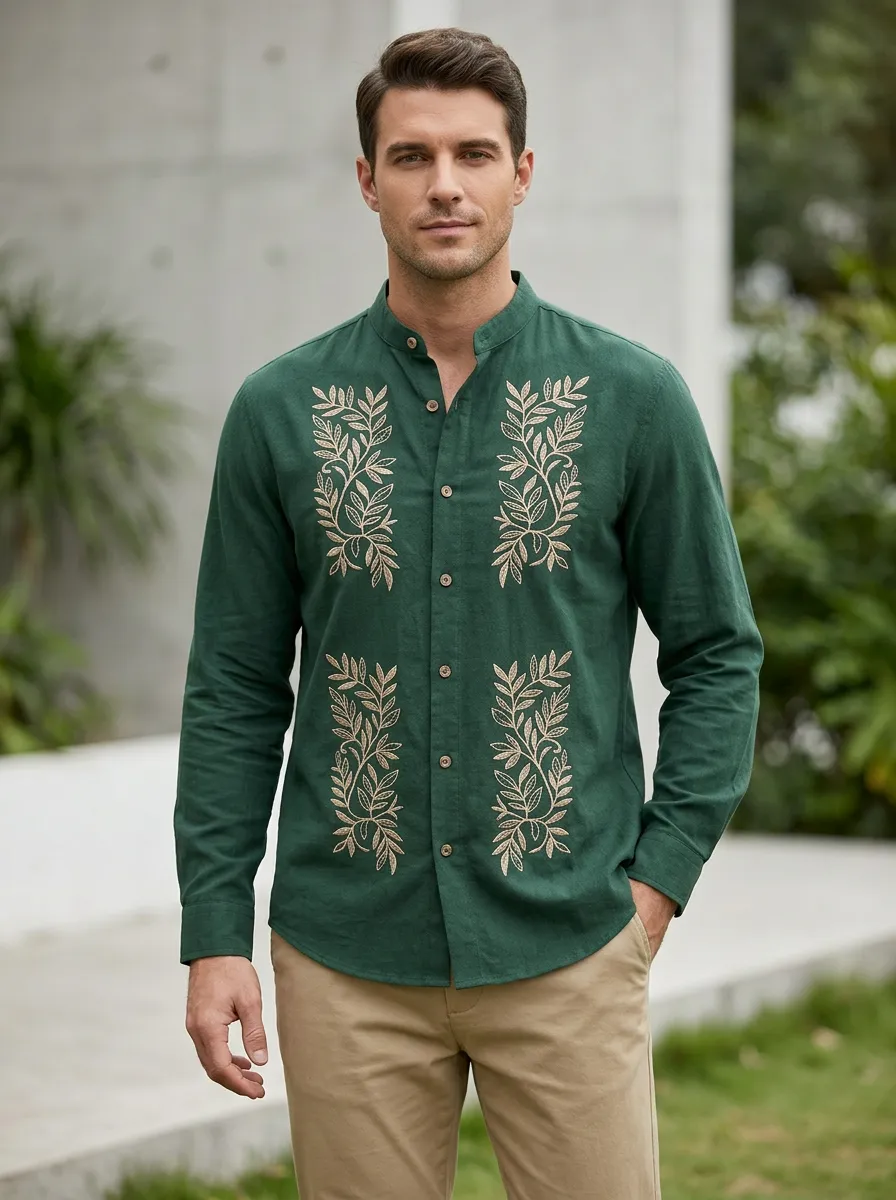 Men's Botanical Embroidered Soft Pattern Shirt