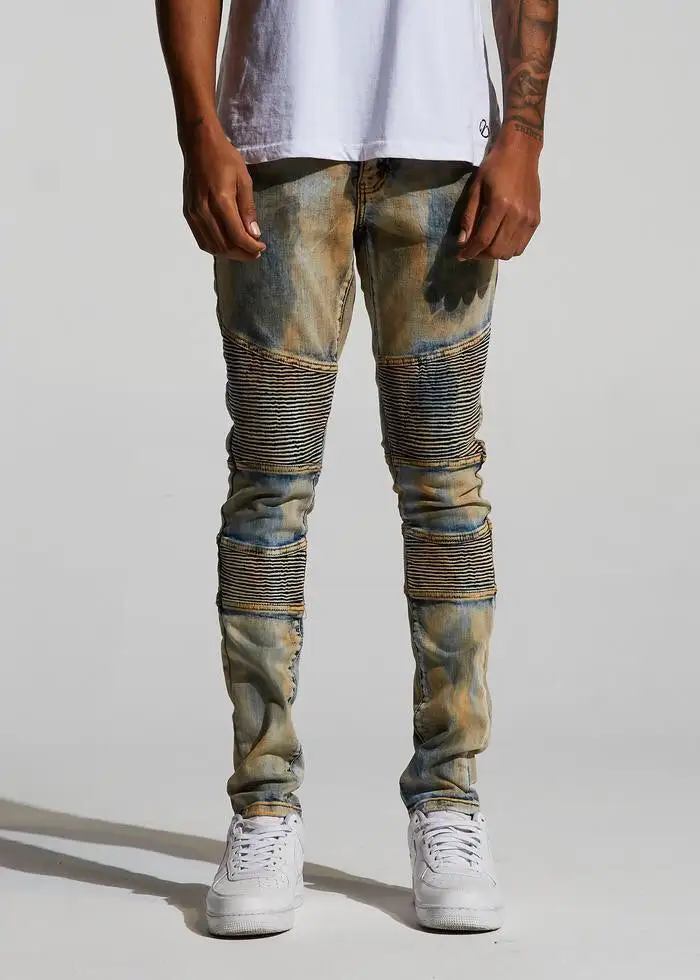 Ribbed Acid Wash Biker Jeans