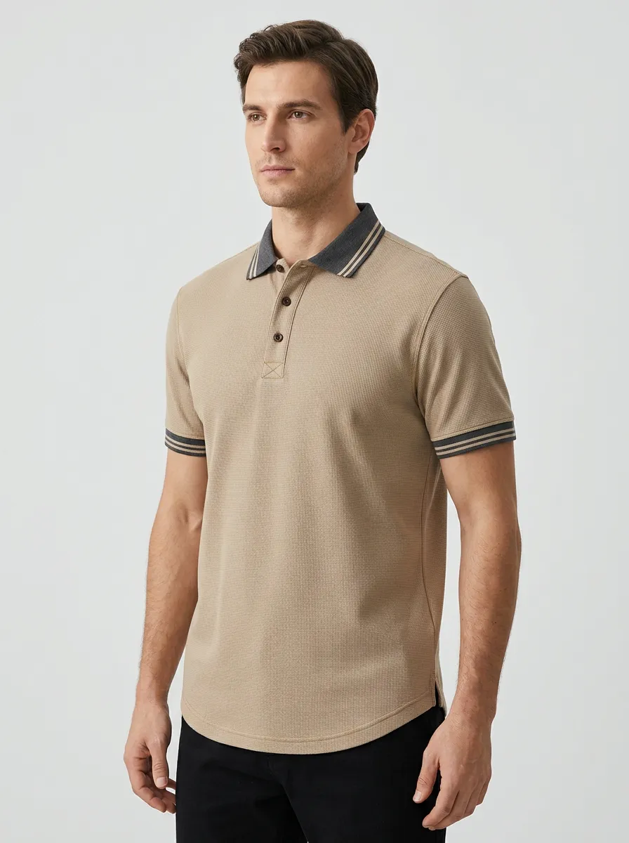 Men's Casual Waffle Knit Contrast Trim Polo Shirt