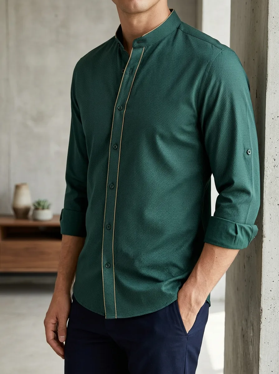 Men's Slim Fit Green Textured Mandarin Collar Button Up Shirt
