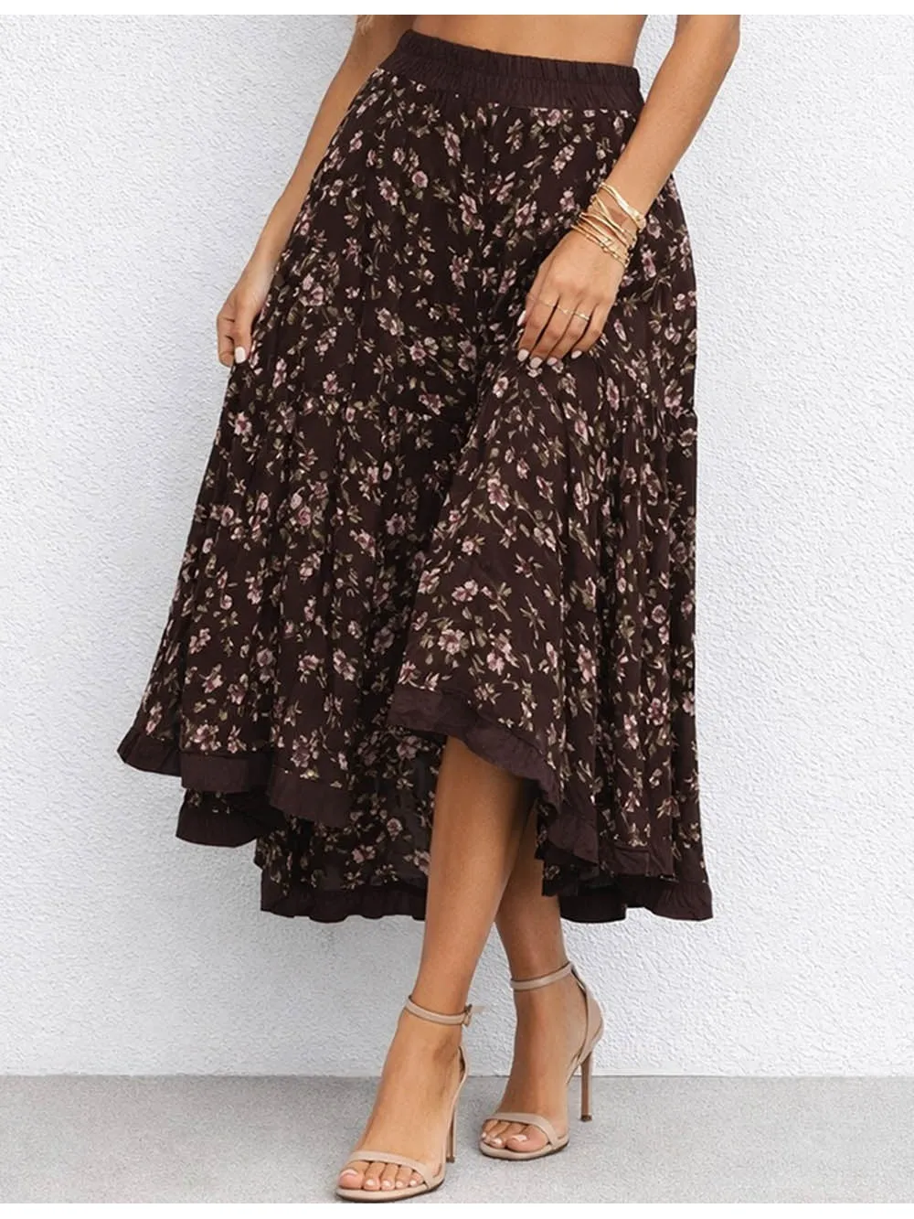 Tiered Ruffle Elastic Waist Midi Skirt