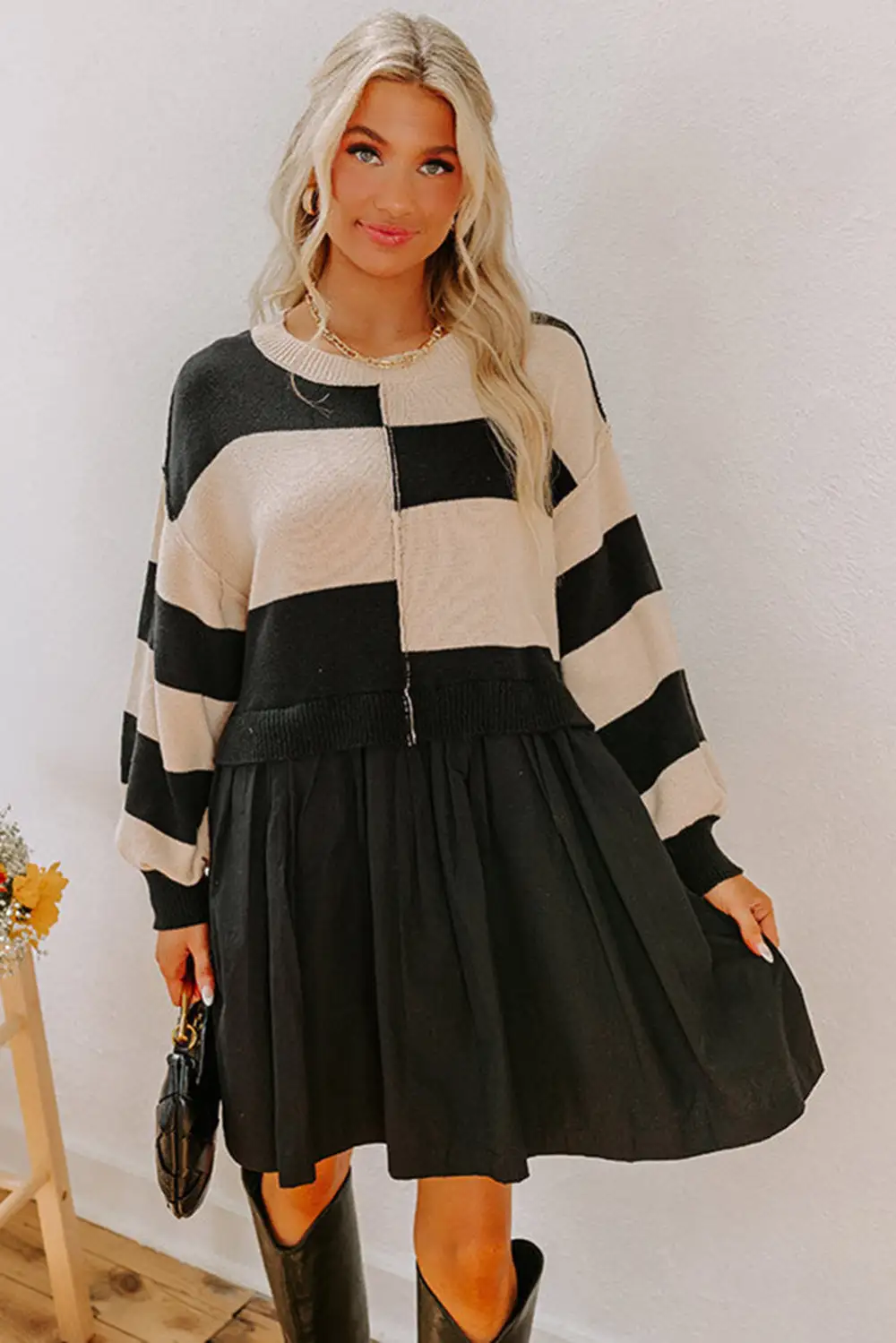 Striped Knit High Waist Sweater Dress