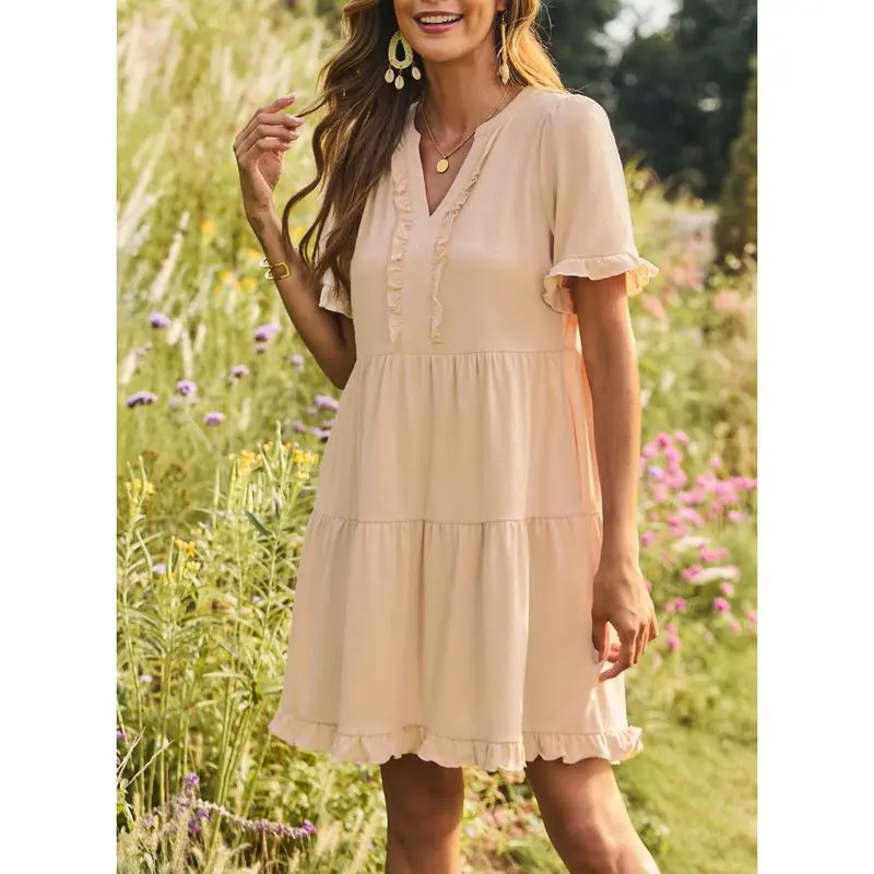 Womens Dresses 2025 Summer Spring V Neck Ruffle Short Sleeve Casual A-Line Flowy Swing Shift Dress Mini Dress