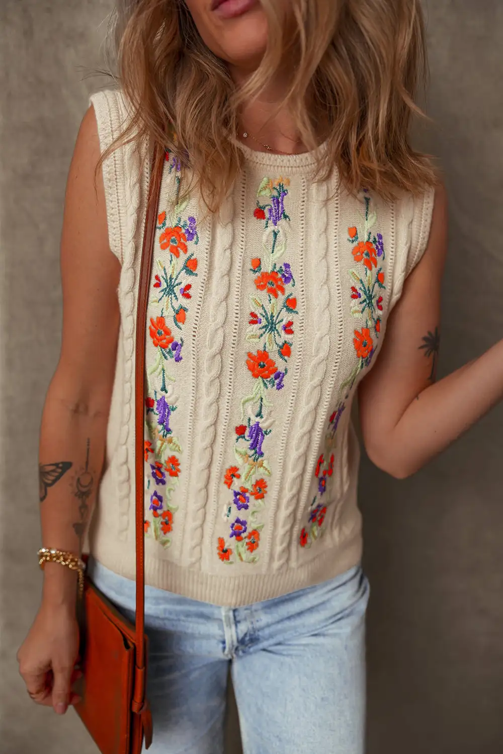 Embroidered Floral Cable Knit Sweater Vest