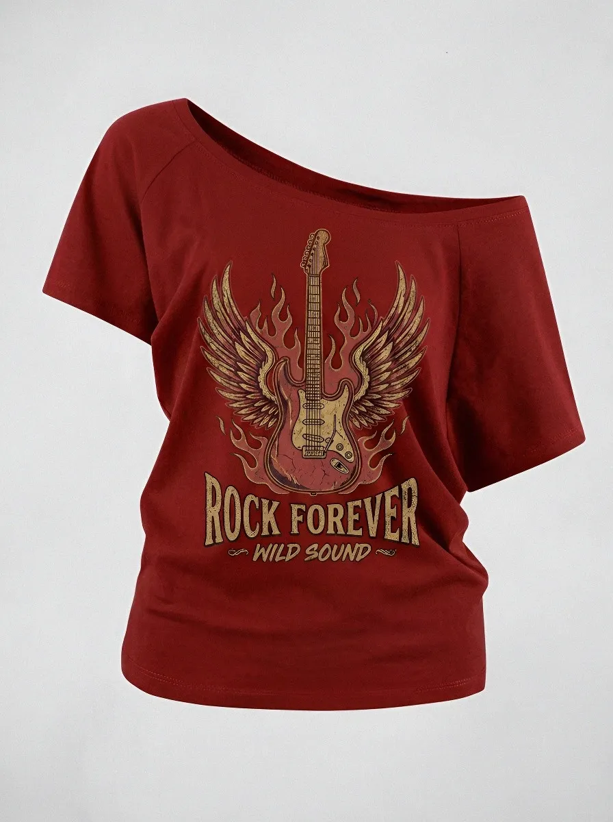 Women's Rock Music Lover Flaming Guitar Wings Printed Off-Shoulder Top