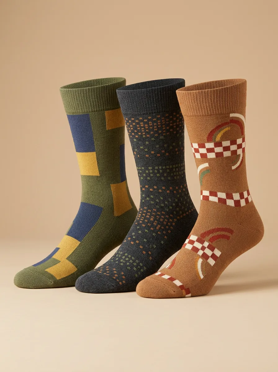 Men's Geometric Patterned Checkered Rainbow Print 3-Pack Socks