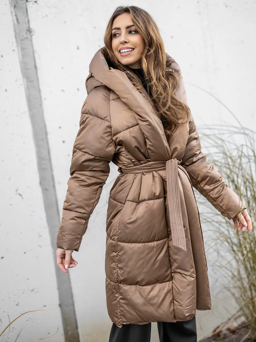 Camel women's long quilted winter jacket with hood
