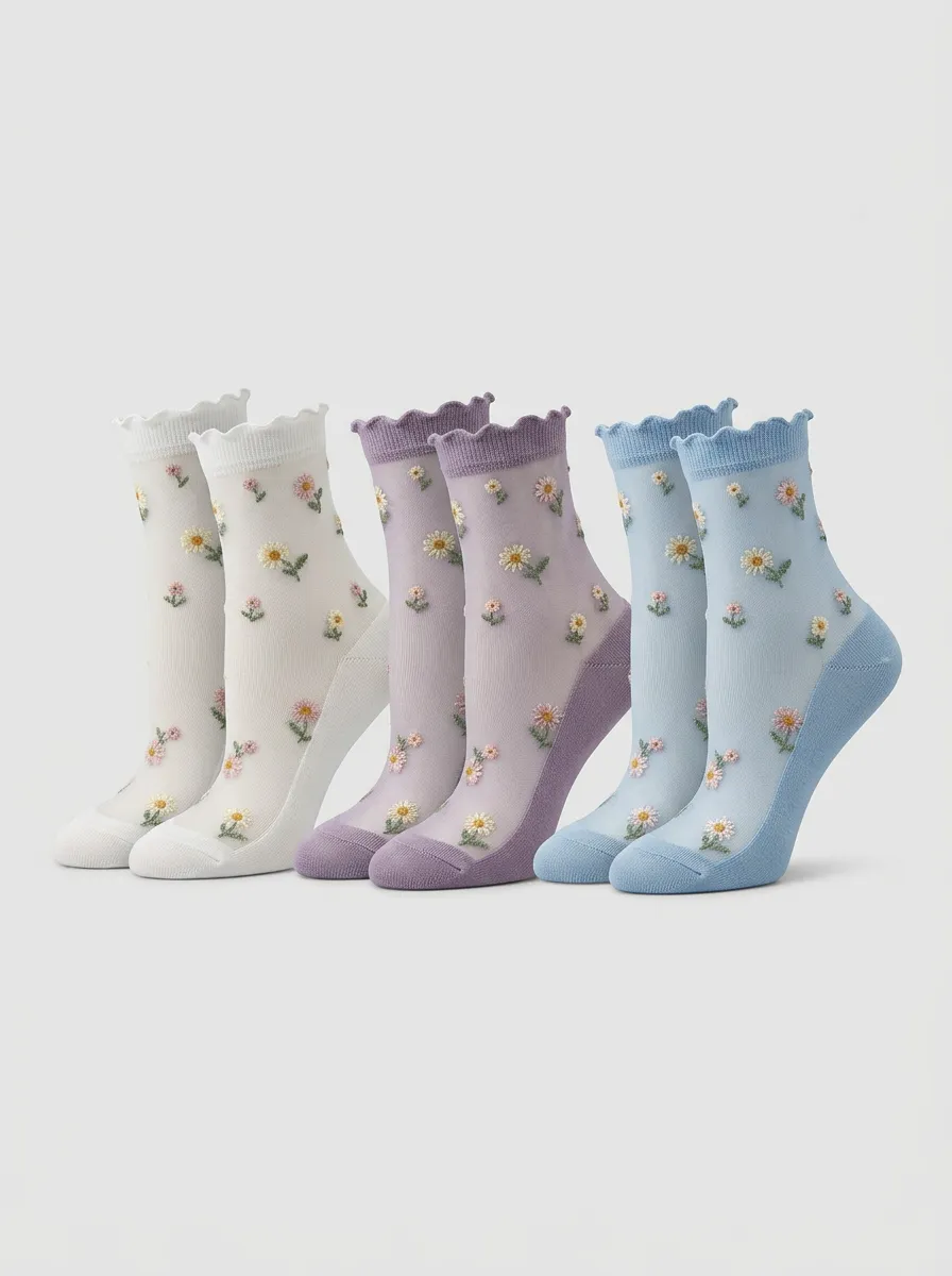 Women's Floral Lover Daisy Embroidered Sheer Printed Socks 3-Pack
