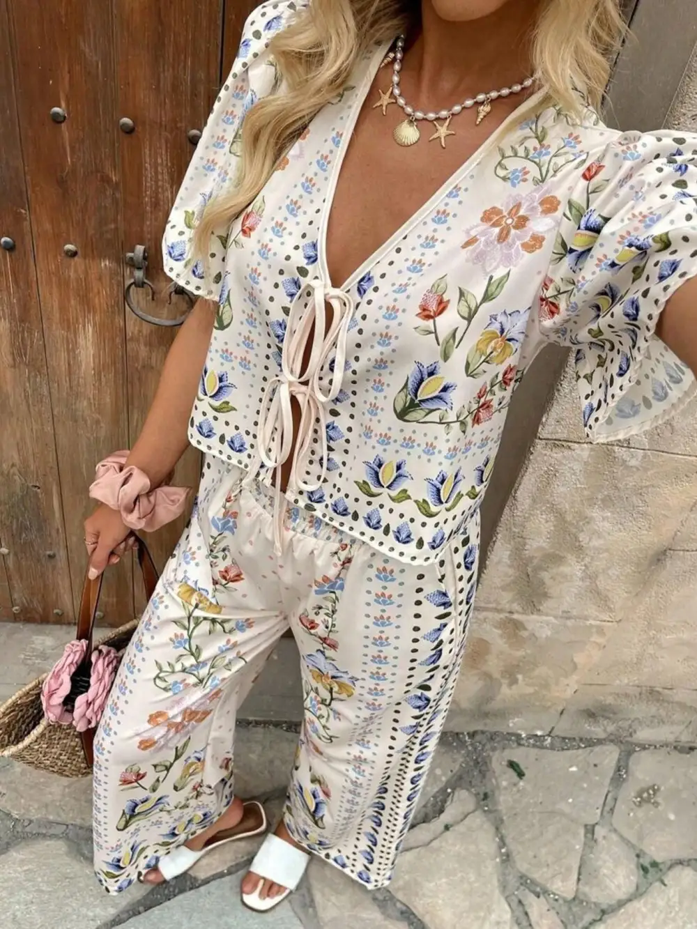 Floral Print Tie Front Top and Pants Set