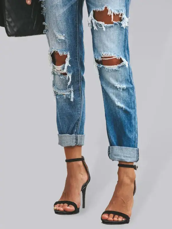 Straight Leg Ripped Washed Denim Jeans