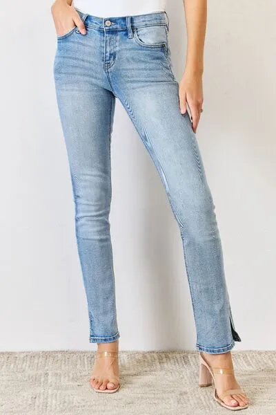 Soft Mid Rise Flare Leg Slit Denim Jeans