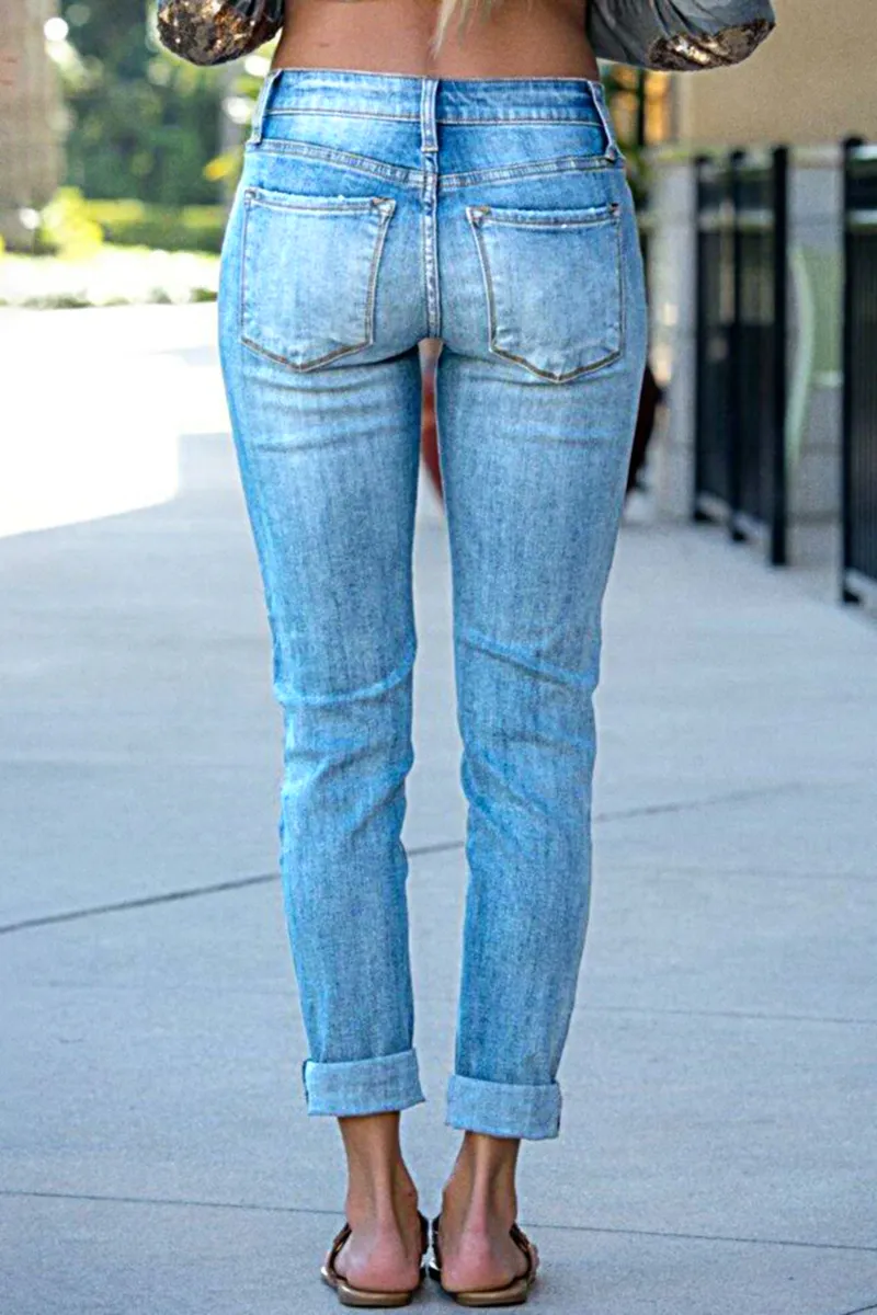 Ripped Button Fly Mid Waist Skinny Jeans
