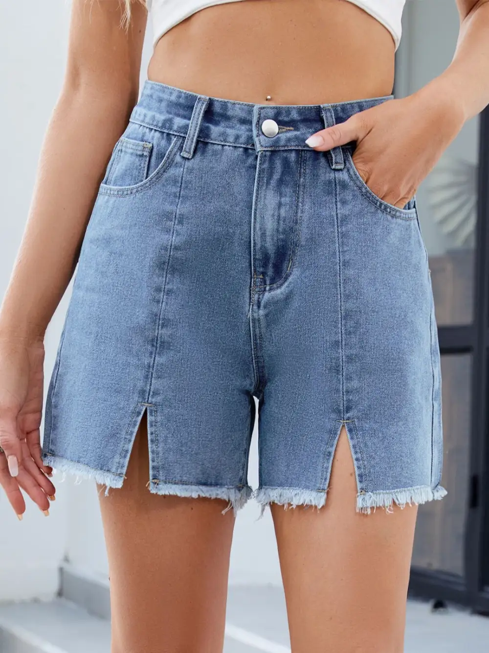 Raw Hem Slit Denim Shorts