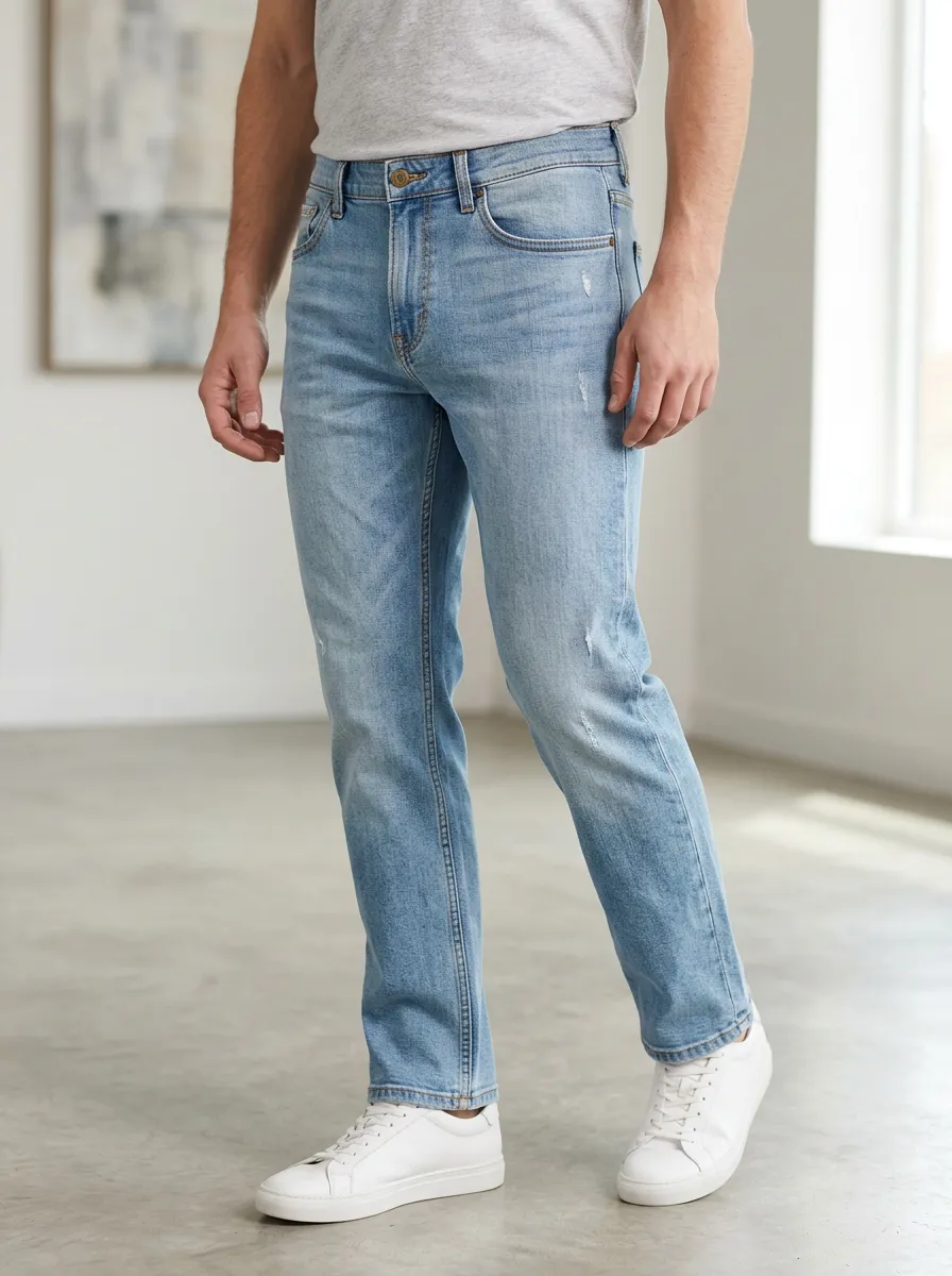 Men's Casual Light Wash Distressed Slim Fit Denim Jeans