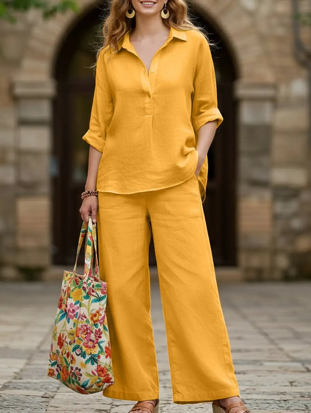Lapel Shirt and Wide-Leg Pants Two-Piece Suit