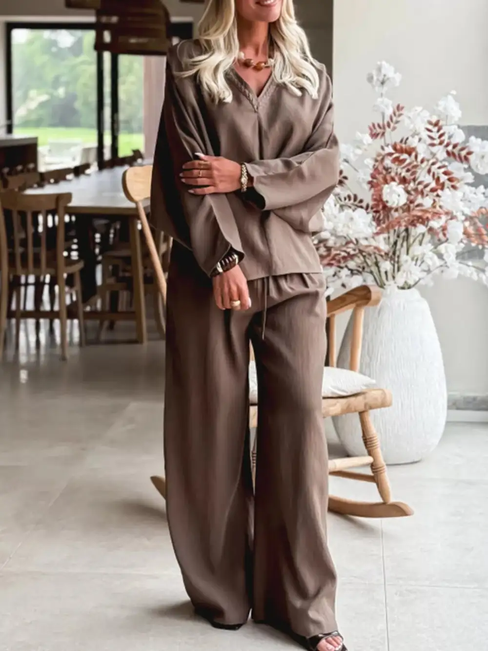 Braided V Neck Long Sleeve Loose Top and Drawstring High Waist Pants Pcs Outfit