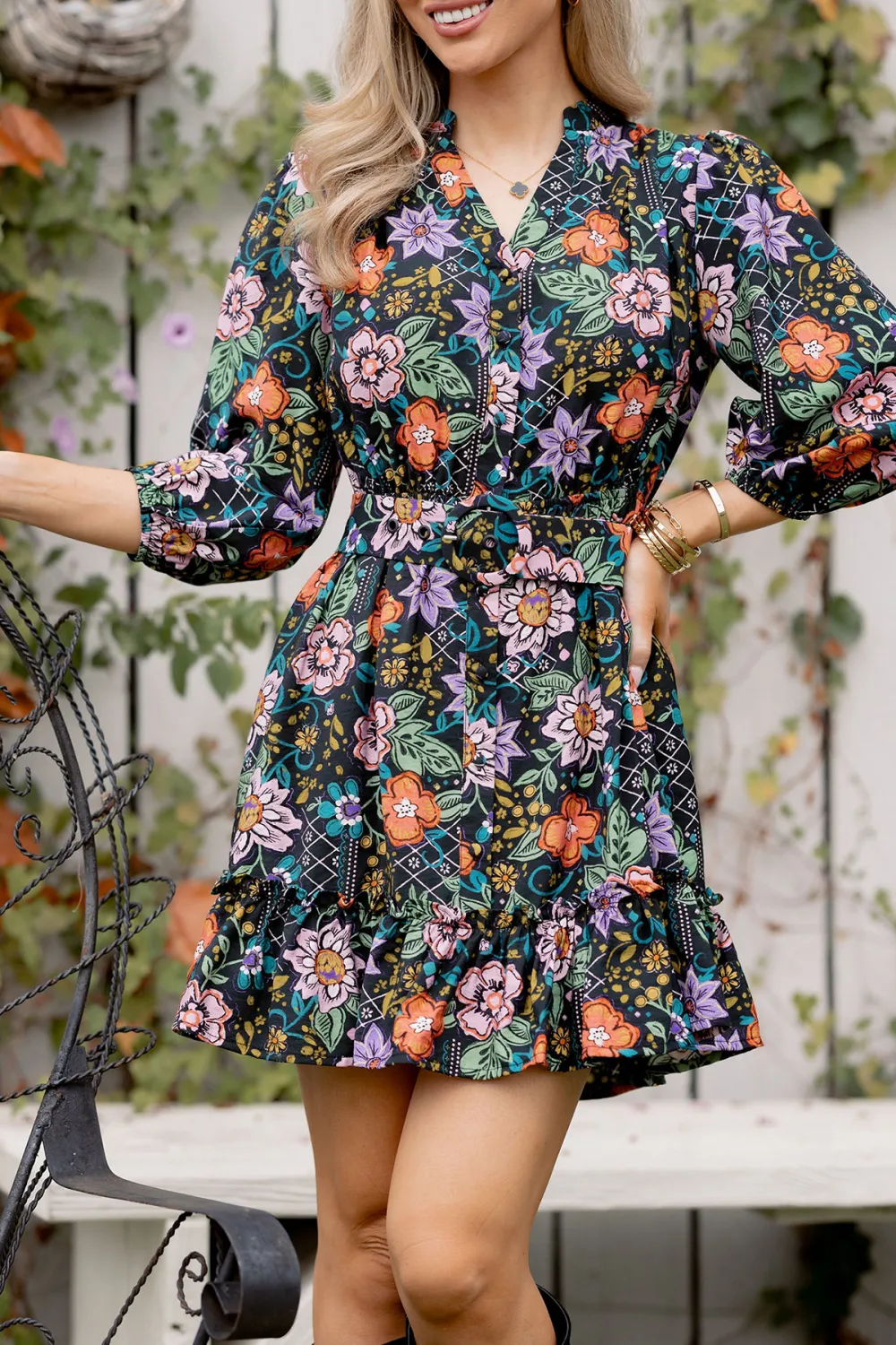 Multicolored Floral Print Long Sleeve Dress
