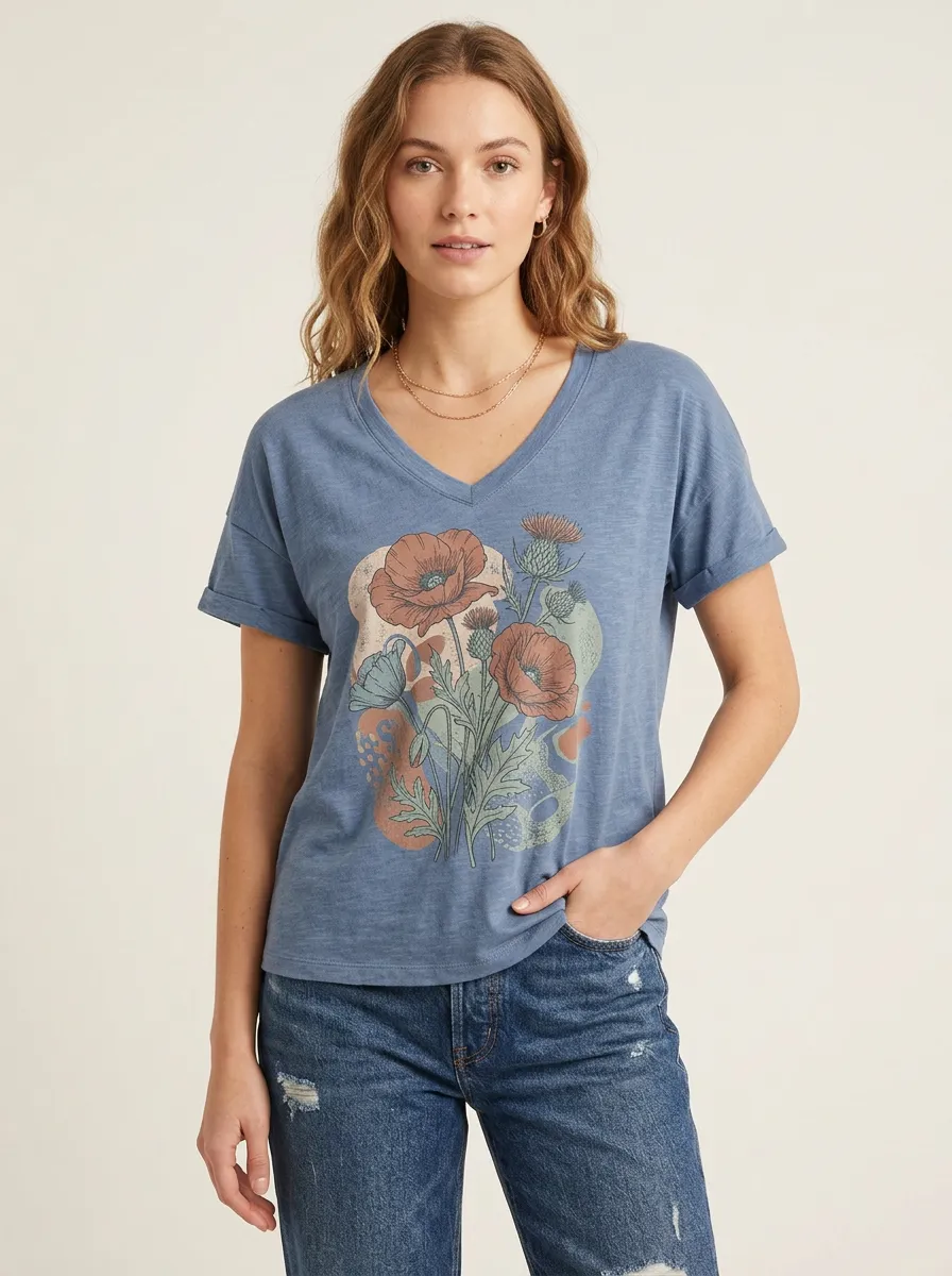 Women's Soft Style Botanical Poppy Thistle V-Neck Graphic T-Shirt
