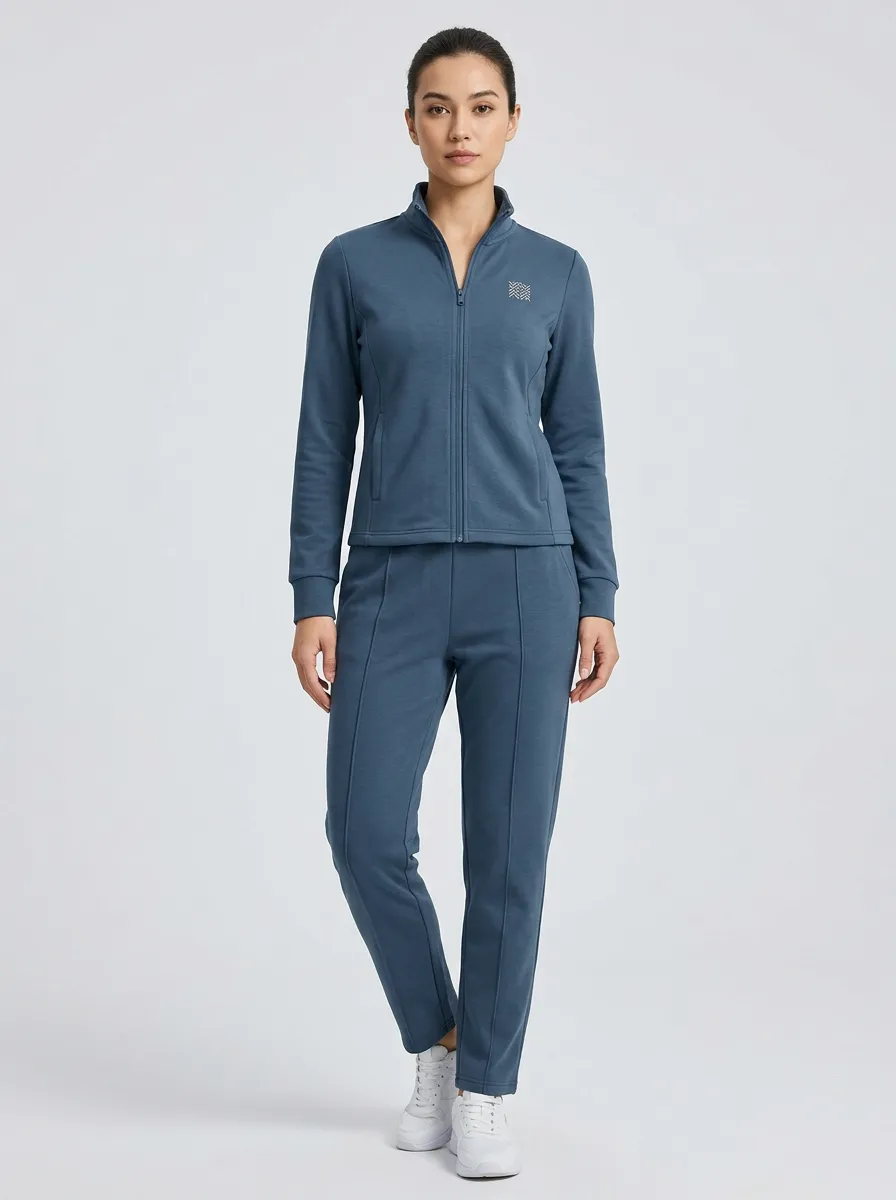 Women's Blue Mock Neck Zip-Up Track Jacket and Trousers Set