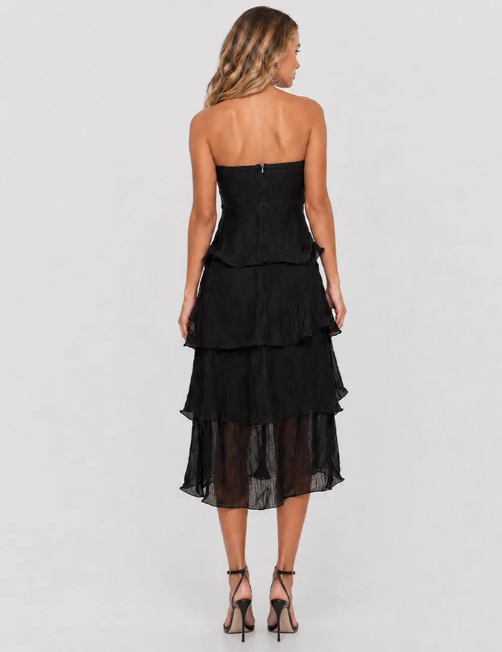 Chic Crinkle Strapless Tiered Ruffle Tube Midi Dress