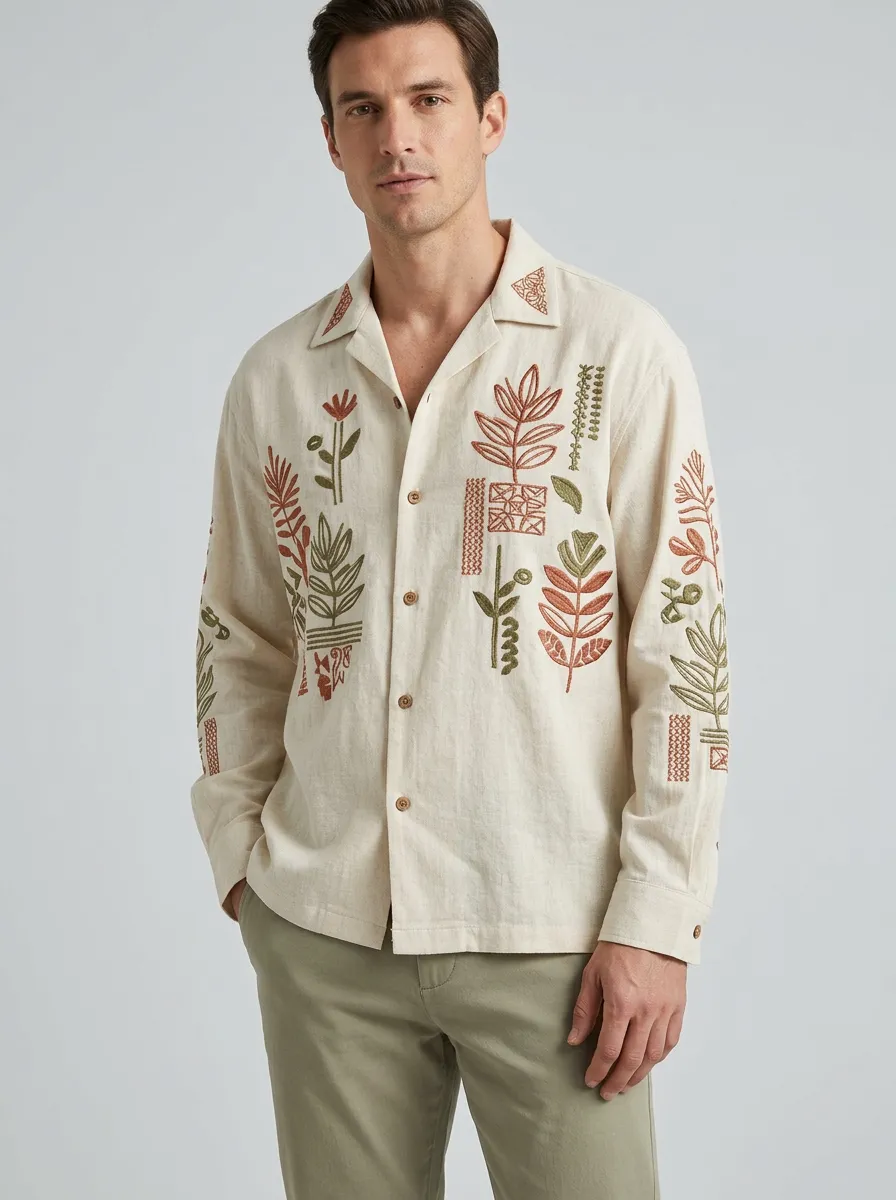 Men's Botanical Nature Embroidered Contemporary Shirt