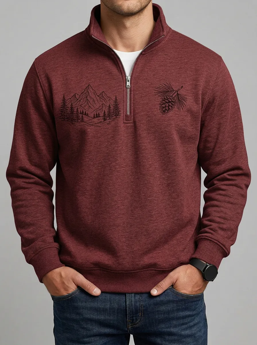 Men's Nature Mountain Pinecone Graphic Quarter-Zip-Neck Sweatshirt
