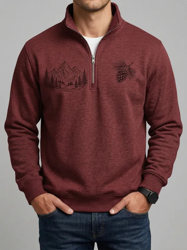 Men's Nature Mountain Pinecone Graphic Quarter-Zip-Neck Sweatshirt