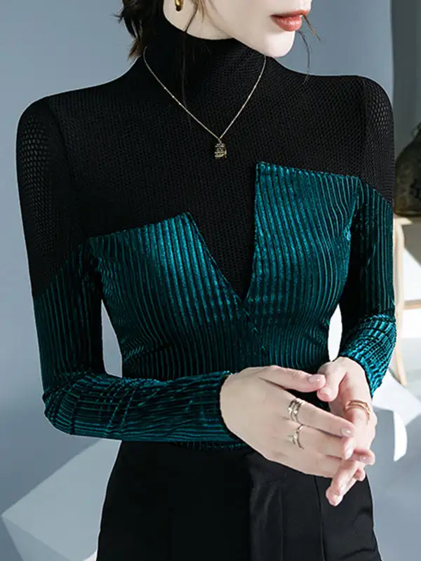 Long Sleeve Slim Fit Contrast Panel Detail High Neck T-Shirt