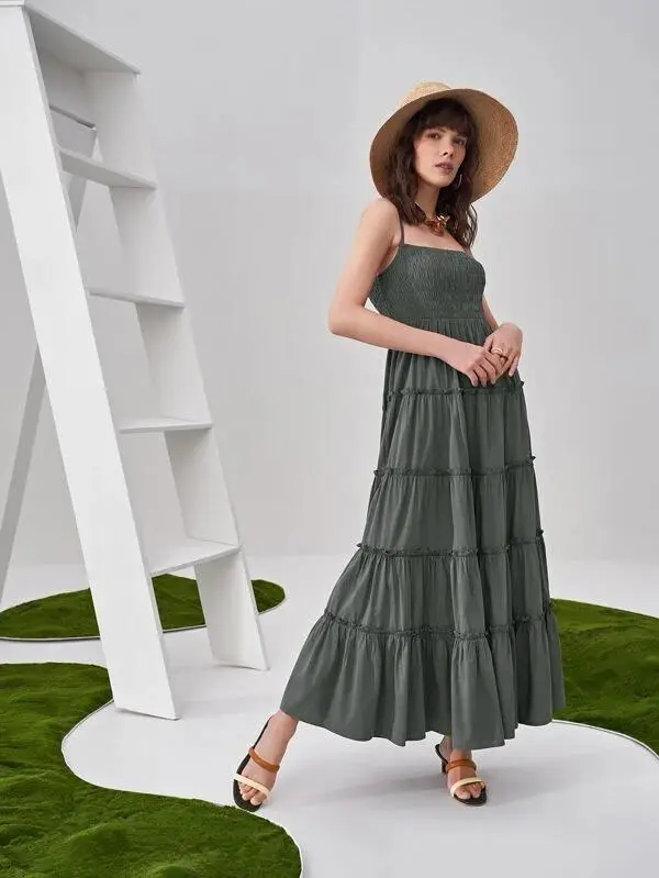 Women Shirred Detail Frill Layered Hem Cami Dress