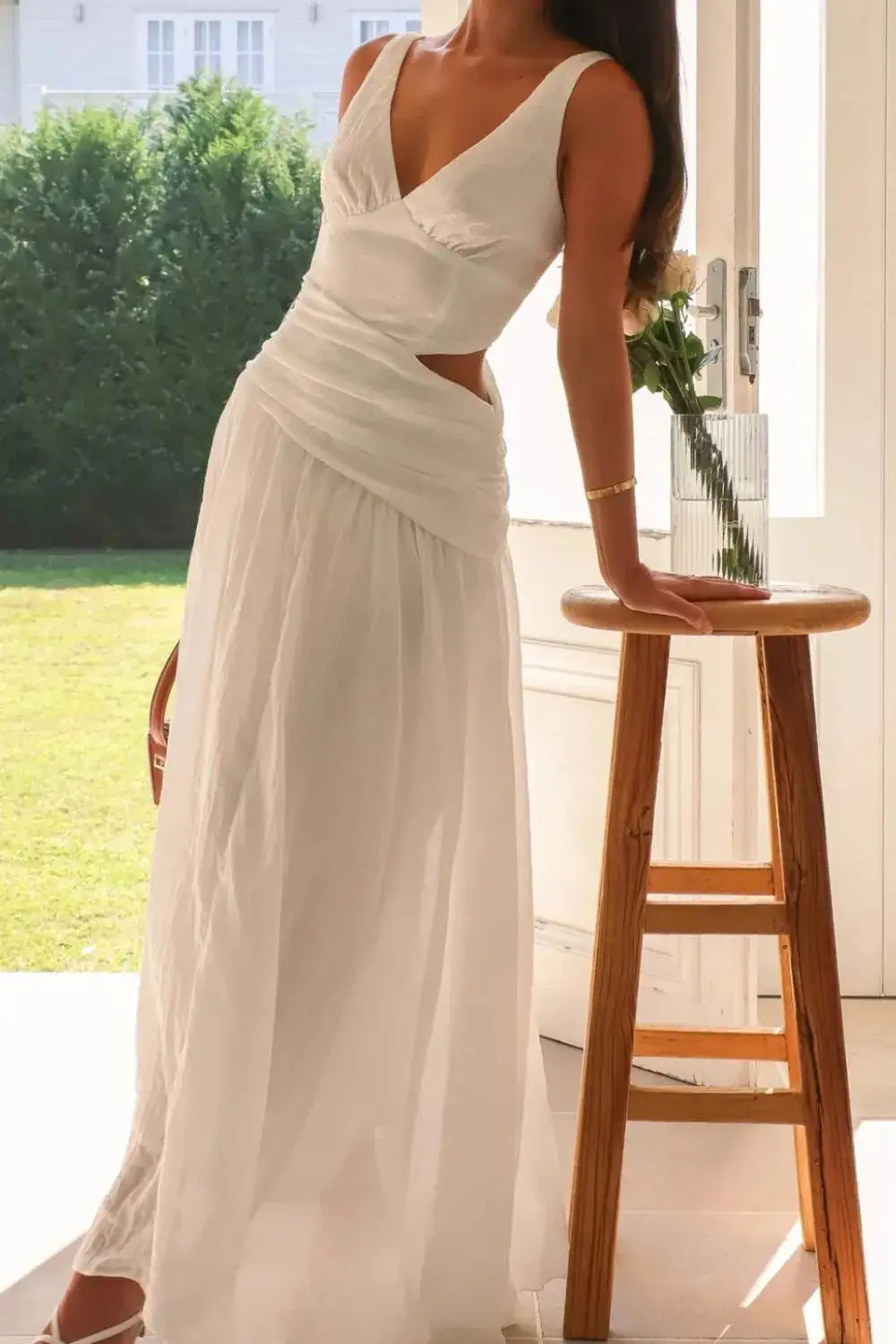 Ruched V-Neck Cotton Casual Dress