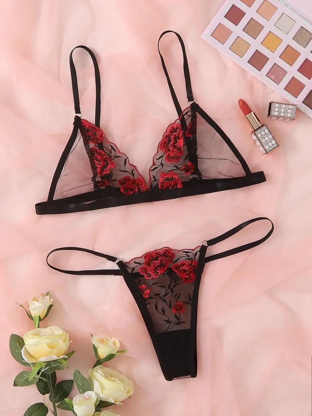 Embroidered Rose Lingerie Set
