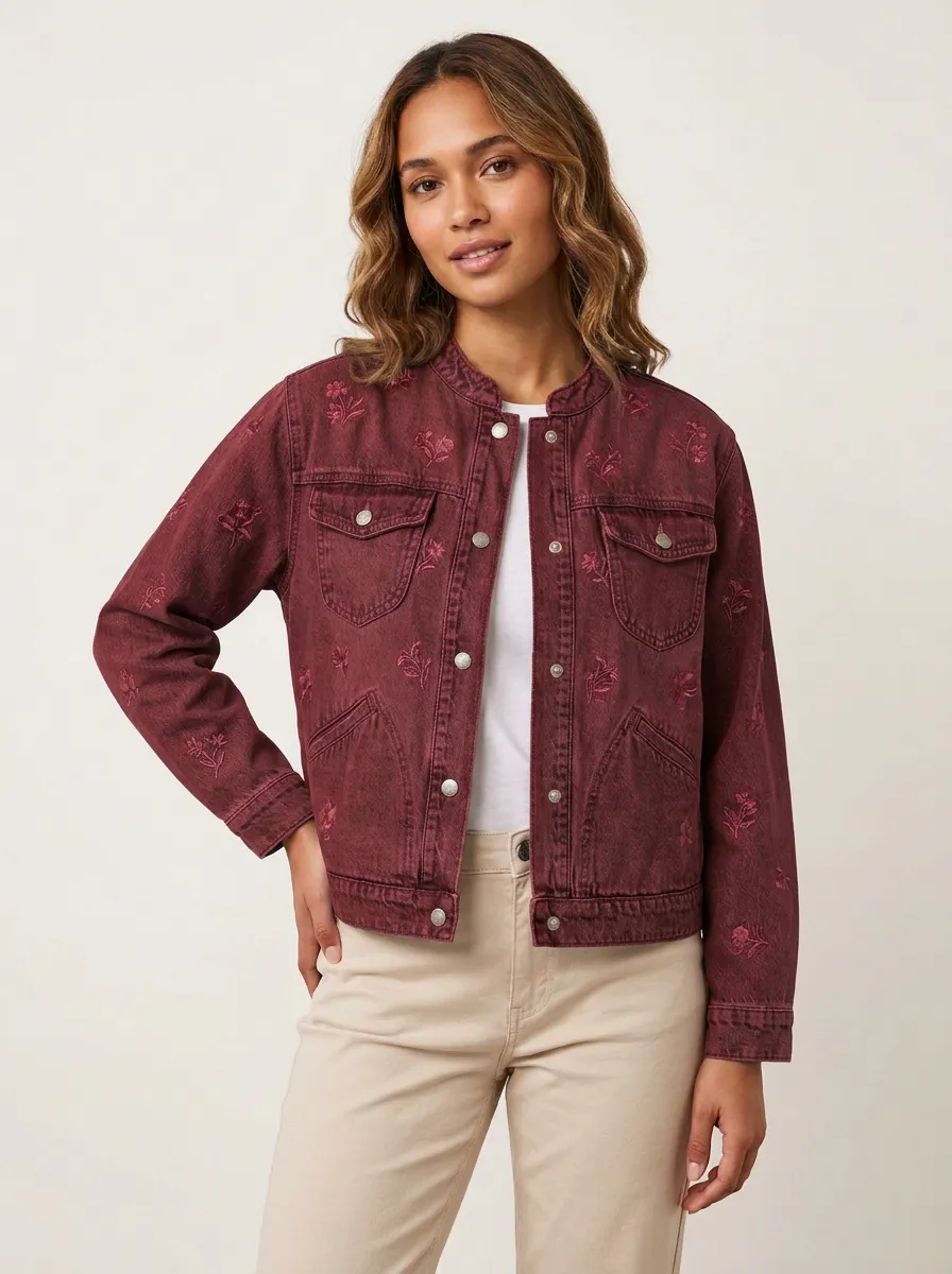 Women's Floral Embroidery Light Wash Denim Printed Jacket