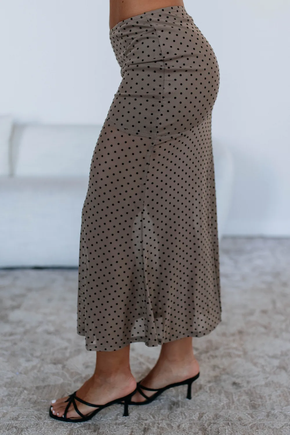 Polka Dot Mesh Flared Hem Midi Skirt