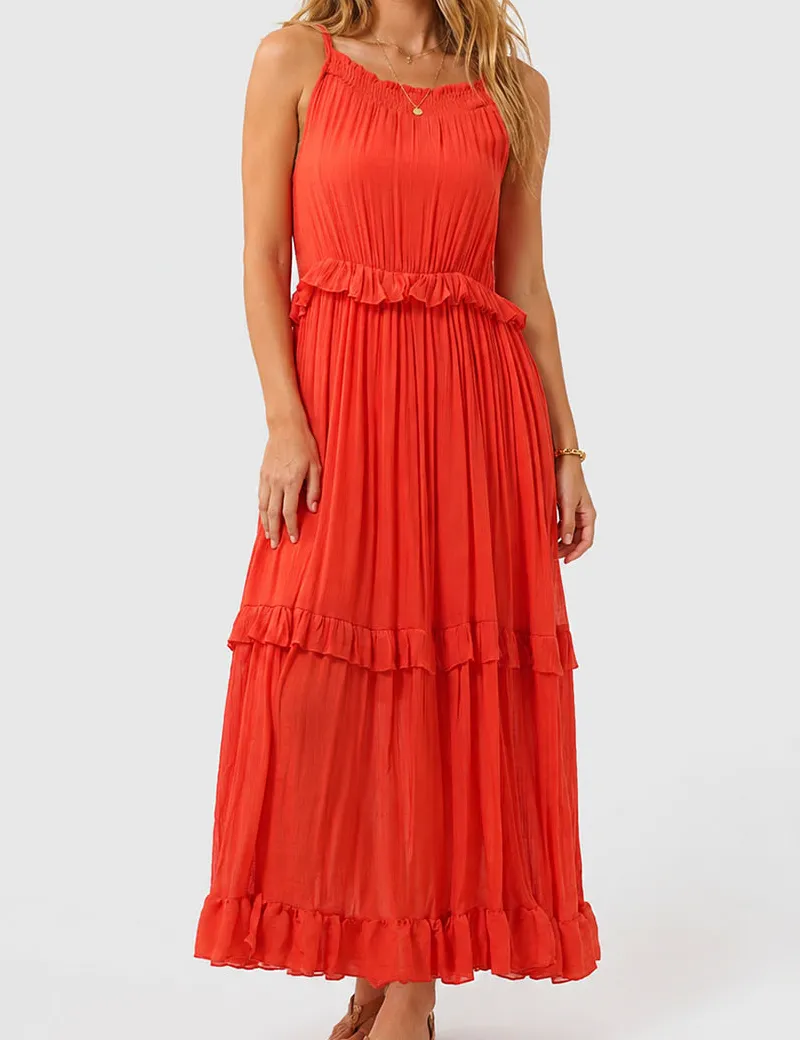 Boho Ruffle Tiered Hem Sleeveless Solid Color Maxi Dress