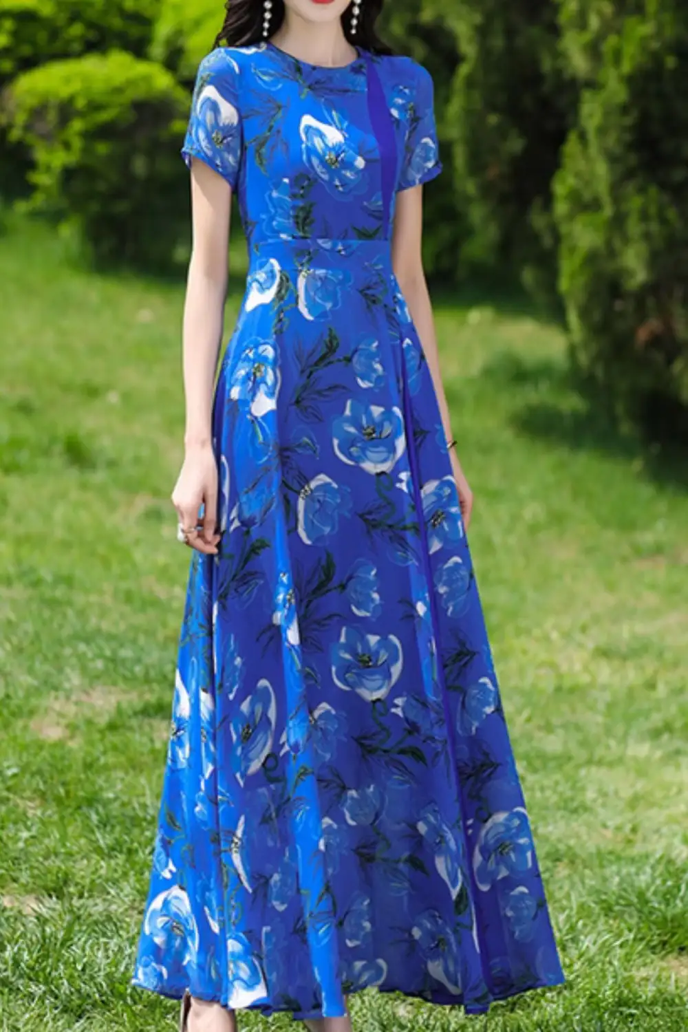 Modern Floral Chiffon Short Sleeve Maxi Dress